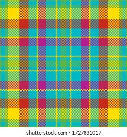 Pixel background vector design. Modern seamless pattern plaid. Square texture fabric. Tartan scottish textile. Beauty color madras ornament.