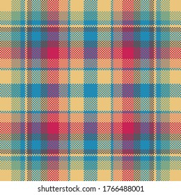 Pixel background vector design. Modern seamless pattern plaid. Square texture fabric. Tartan scottish textile. Beauty color madras ornament.