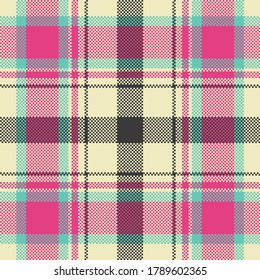 Pixel background vector design. Modern seamless pattern plaid. Square texture fabric. Tartan scottish textile. Beauty color madras ornament.