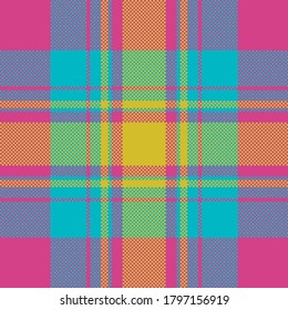 Pixel background vector design. Modern seamless pattern plaid. Square texture fabric. Tartan scottish textile. Beauty color madras ornament.