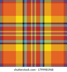 Pixel background vector design. Modern seamless pattern plaid. Square texture fabric. Tartan scottish textile. Beauty color madras ornament.