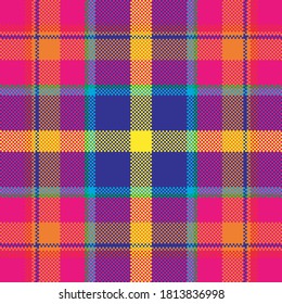 Pixel background vector design. Modern seamless pattern plaid. Square texture fabric. Tartan scottish textile. Beauty color madras ornament.