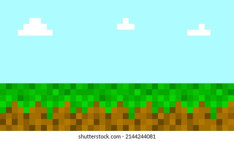 Fondo de píxeles. Fondo del videojuego. Cielo con nubes y tierra. Ilustración del vector