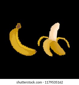 Pixel banana. Sweet fruit. Icon on the black background