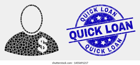 Pixel banker mosaic icon and Quick Loan stamp. Blue vector round scratched stamp with Quick Loan title. Vector composition in flat style. Black isolated banker mosaic of scattered spheres,
