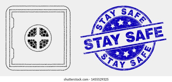 Pixel banking safe mosaic pictogram and Stay Safe seal. Blue vector round scratched stamp with Stay Safe message. Vector collage in flat style. Black isolated banking safe mosaic of random dots,