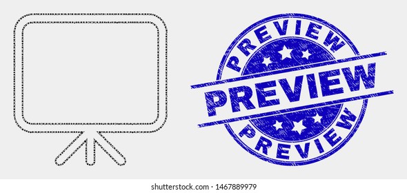 Pixel banner board mosaic pictogram and Preview watermark. Blue vector rounded scratched seal stamp with Preview phrase. Vector combination in flat style.