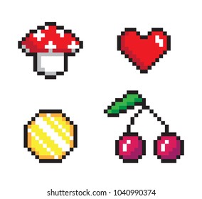 Pixel banner, four color icons vector illustration, mushroom with red cap and white spots, cute bright heart, two cherry berries, sparkle shiny coin
