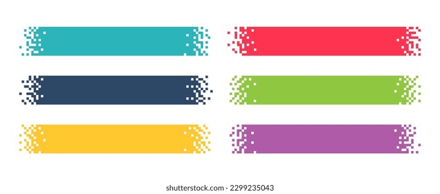 Pixel banner. Header, footer color layout with mosaic edges. Horizontal title tags with pixels. Labels pixelated decoration advertising vector elements. Rectangular dotted shapes isolated set