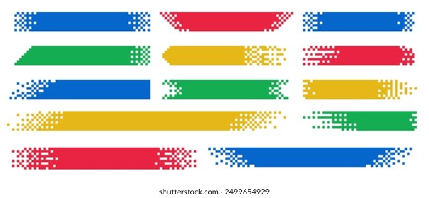 Pixel banner. Header, footer color layout with mosaic edges. Horizontal title tags with pixels. Labels pixelated decoration advertising vector elements. Rectangular dotted shapes isolated set.