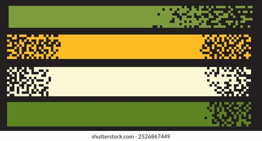 Pixel banner. Header, footer color layout with mosaic edges. Horizontal title tags with pixels. Labels pixelated decoration advertising vector elements. Rectangular dotted shapes isolated set