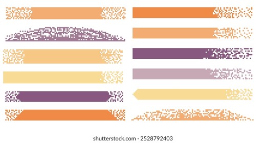 Banner do pixel. Layout de cor de cabeçalho e rodapé com bordas em mosaico. Marcas de título horizontais com pixels. Rotula elementos vetoriais de anúncio de decoração em pixels. Conjunto isolado de formas pontilhadas retangulares