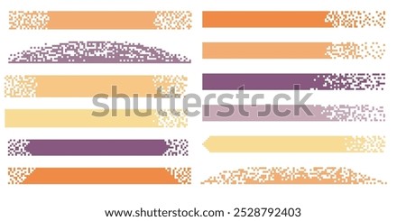 Pixel banner. Header, footer color layout with mosaic edges. Horizontal title tags with pixels. Labels pixelated decoration advertising vector elements. Rectangular dotted shapes isolated set