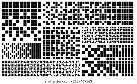 Pixel banner. Header, footer layout with mosaic edges. Horizontal title tags with pixels. Labels pixelated decoration advertising elements. Rectangular checkered shapes isolated set.