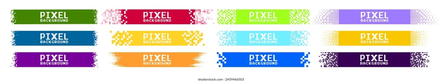 Pixel banner. Horizontal title tags with pixels. Header, footer color layout with mosaic edges. Background for text