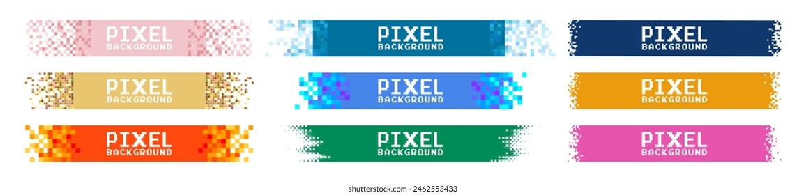 Pixel banner. Horizontal title tags with pixels. Header, footer color layout with mosaic edges. Background for text