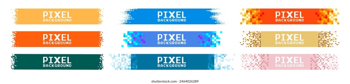 Anuncio de píxeles. Etiquetas de título Horizontales con píxeles. Diseño de color de encabezado, pie de página con bordes de mosaico. Fondo para texto