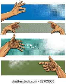 Pixel banners with hands, vector set.