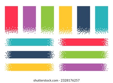 Pixel banners. Header footer banner rectangles with pixel digital edges, vertical and horizontal title boxes, pixelated gradient grunge texture vector set. Purple, green, blue isolated shapes