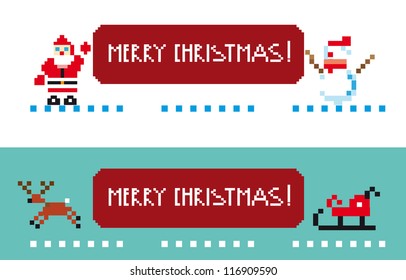  pixel banners santa and his team holding a Merry Xmas banner