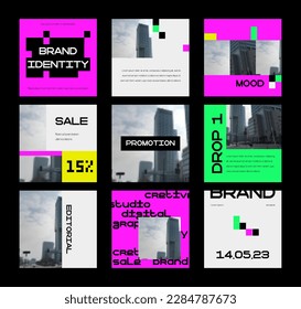 Pixel banners. Square social media post collection with pixel texture. Abstract cover. Vector trendy post set.