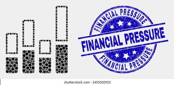Pixel bar chart mosaic icon and Financial Pressure seal stamp. Blue vector round textured seal stamp with Financial Pressure title. Vector combination in flat style.