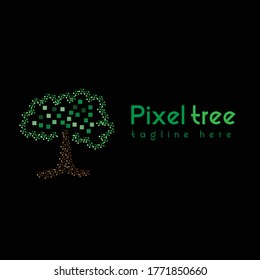 pixel based colorful green tree logo with dummy text on dark background. Vector illustration.