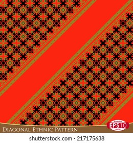 Pixel based vector abstract seamless pattern. 45 degrees diagonal illustration of color lines and ornate.