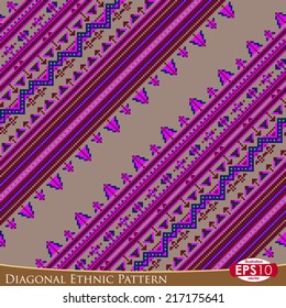 Pixel based vector abstract seamless pattern. 45 degrees diagonal illustration of color lines and ornate.