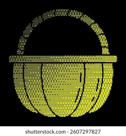 Pixel basket with handle shell halftone silhouette icon. Half pumpkin basket with handle. Autumn harvesting. Halloween pumpkins. Simple black and yellow vector isolated on black