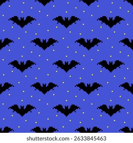 Pixel bats on the background of dark blue night sky with stars. Seamless pattern, background, print, vector illustration