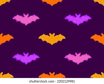 Pixel bats seamless pattern. Halloween background with bats in pixel art style. Retro 8-bit video game of the 90s in 2D. Design for games, apps, banners and posters. Vector illustration