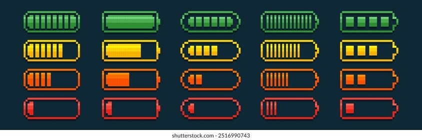 Ícones de carregamento de bateria de pixel. Nível de energia completo e baixo poder, carga de carga, telefone celular ou indicador de acumulador no estilo retro de 8 bits. Conjunto da barra de progresso pixelada do smartphone no plano de fundo escuro