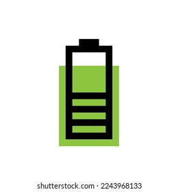 Pixel battery charging level minimalist vector illustration. Retro game design. Eighties computer games 8 bit game. Game consoles cartridge. Mosaic illustration isolated white background icon.