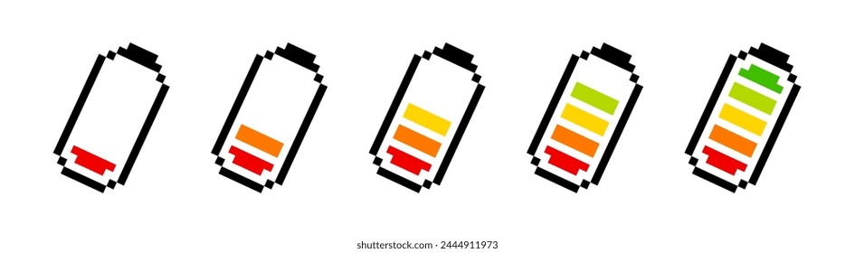 Pixel battery icons. Battery charging process. Battery charge level. Pixel battery indicator. 