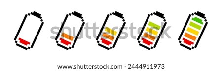 Pixel battery icons. Battery charging process. Battery charge level. Pixel battery indicator. 