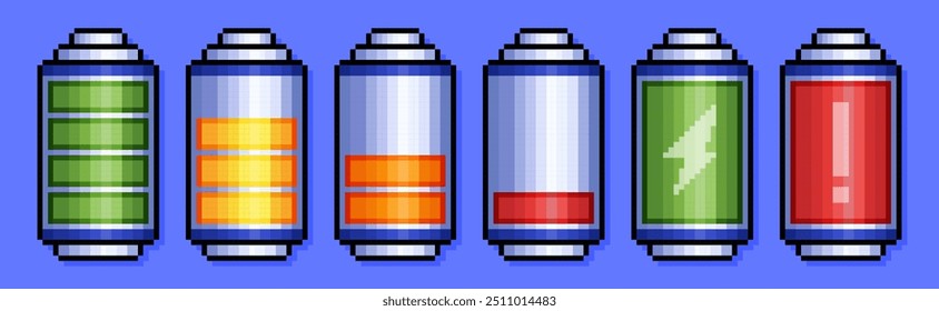 Pixel battery power indicator icons set, charging accumulator sign. Phone energy levels with electricity symbol in 8bit retro style. Pixelated full and low charge status, progress bars on background