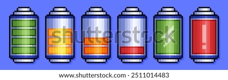 Pixel battery power indicator icons set, charging accumulator sign. Phone energy levels with electricity symbol in 8bit retro style. Pixelated full and low charge status, progress bars on background