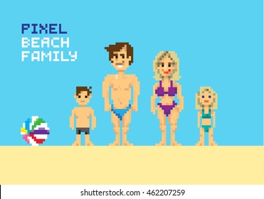 Pixel beach family, pixelized illustration. - Stock vector