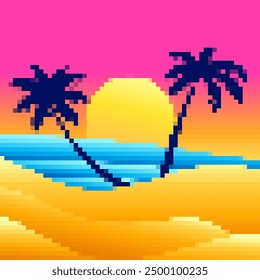 Pixel beach landscape with palm trees and sunset. Coastline with sand dunes in the style of 8-bit retro graphics of the 80s and 90s. Sea and sun in pixel art style. Vector illustration