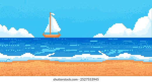 Paisagem de praia de pixel com navio. Onda da costa do mar de 8 bits, nuvem, areia. Jogo verão lindo paraíso, iate no panorama do oceano. Fundo de vetor de vídeo 2d retro.