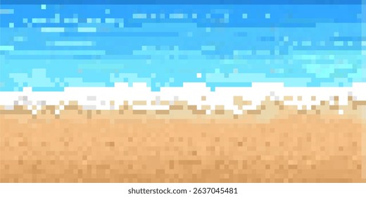 Pixel beach scene icon vector for retro vacation, summer landscape, and pixel seaside design. Ideal for 8-bit games, beach games, or nostalgic travel visuals.