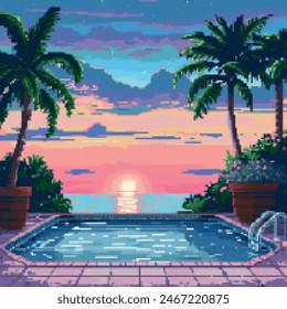 Pixel beach sunset sunrise with palm trees. Sun reflection in water. Futuristic landscape 1980s style. Digital landscape cyber surface. 80s party background