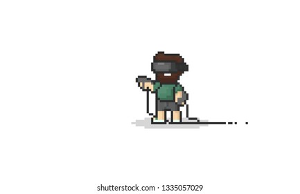 Pixel bearded man playing the virtaul reality.8bit.