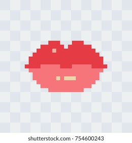 Pixel beautiful glossy lips. Knitted design. Pixel art. Isolated vector illustration. Old school computer graphic style.