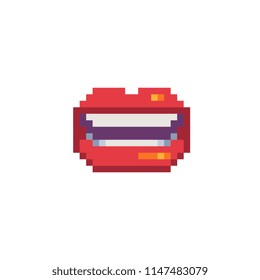 Icono de labios brillantes rojos. Abre la boca de mujer. Ilustración vectorial aislada.  Diseño para adhesivos, logo shop, aplicación móvil. Juego de 8 bits sprite.