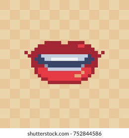Pixel beautiful red glossy lips. Woman mouth. Pixel art style. Isolated vector illustration.
