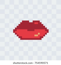 Pixel beautiful red glossy lips. Woman mouth. Knitted design. Pixel art. Isolated vector illustration. Old school computer graphic style.