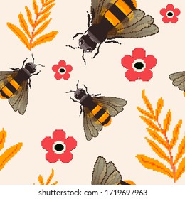 Pixel bee, insect, bug, flowers. Pixel art 8 bit vector. Seamless pattern