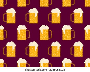 Pixel beer seamless pattern. Glass of beer pixel art. 8 bit mug, pixel drinks. Graphic style of video games from the 90s. Design for games, wrapping and advertising. Vector illustration